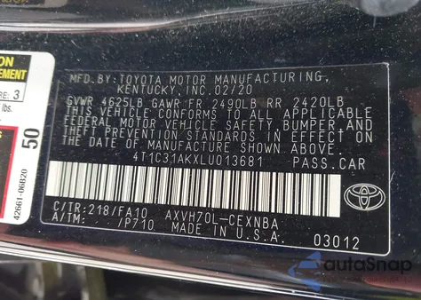 2020 Toyota Camry Le Hybrid из США, поврежденный, VIN 4T1C31AKXLU013681